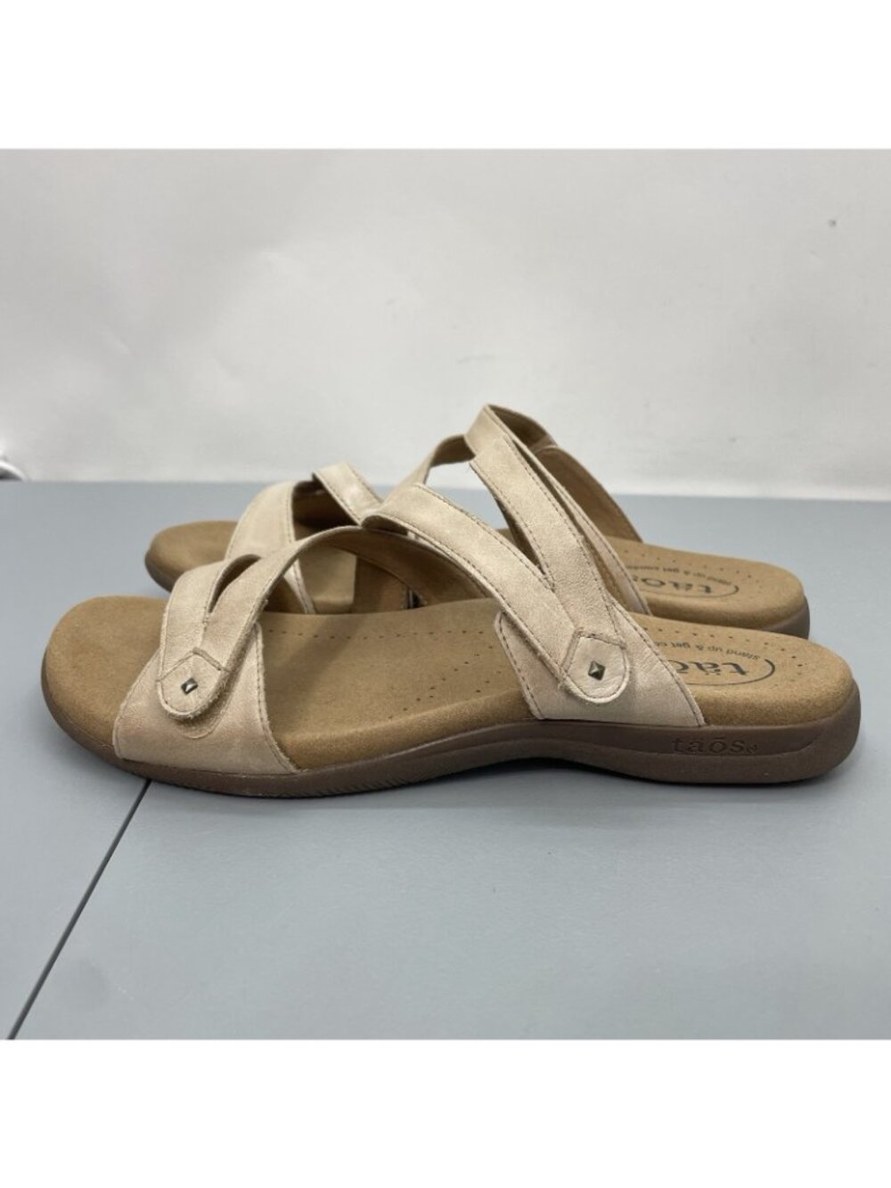 Taos Double U Slide Sandals Comfort Strappy Slip On Leather Cream Womens 8 - Picture 6 of 12